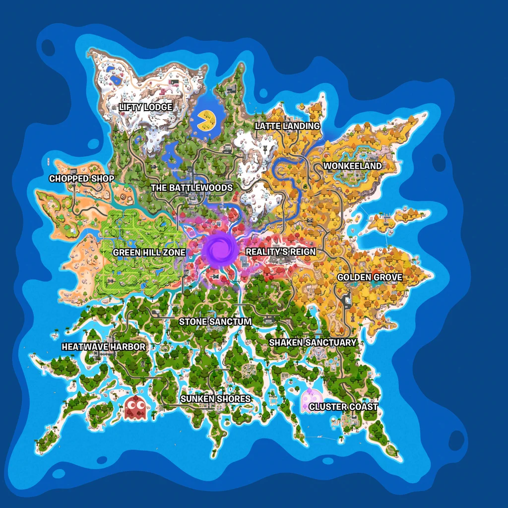 The current Fortnite island, with every named location labelled on the map.