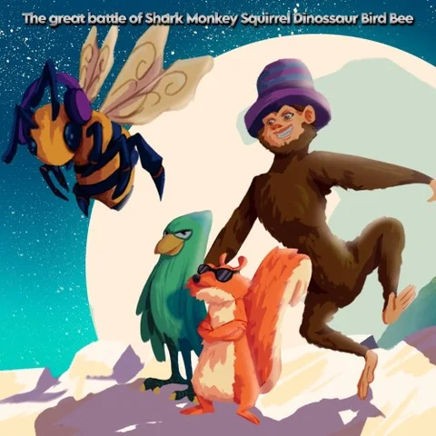 The great battle of Shark Monkey Squirrel Dinossaur Bird Bee cover art